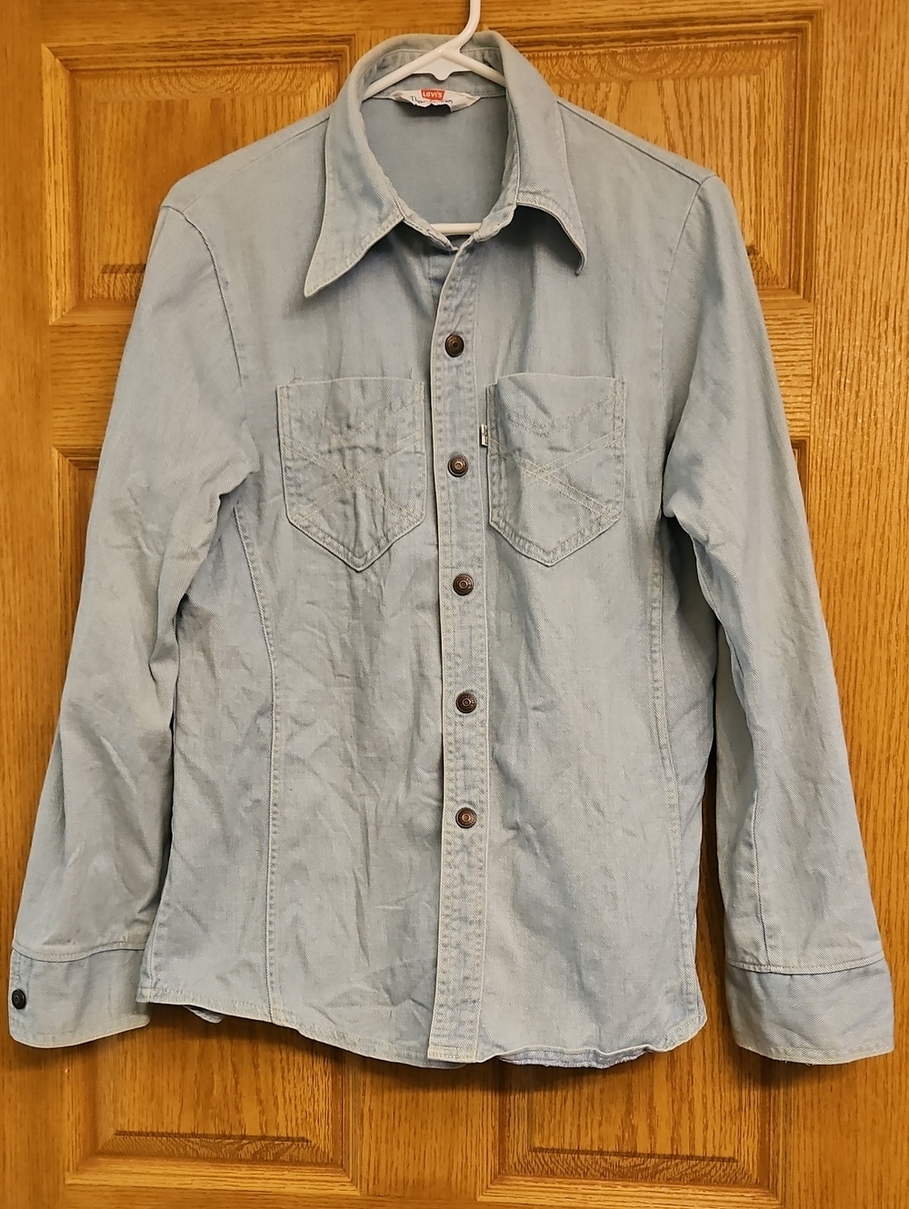 Vintage Early 70s Levi's Panatela Tops Light Wash Denim Snap Shirt White Tab USA